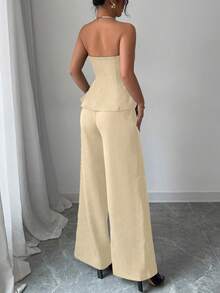 Elenzga Women's Elegant 2 Pieces Set: Ruffle Hem Bandeau Top And Wide Leg Pants - Light Yellow - View 2