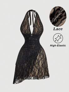 SHEIN MOD 女士蕾丝蝴蝶结不对称吊带紧身连衣裙 - 黑色 - 查看 6