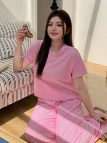 Dazy Plus Bộ đồ ngủ dệt kim 2 món, áo thun cổ tròn kẻ sọc ôm sát và quần dài rộng, màu hồng, thích hợp cho mùa xuân/hè. - Hồng - Xem 6