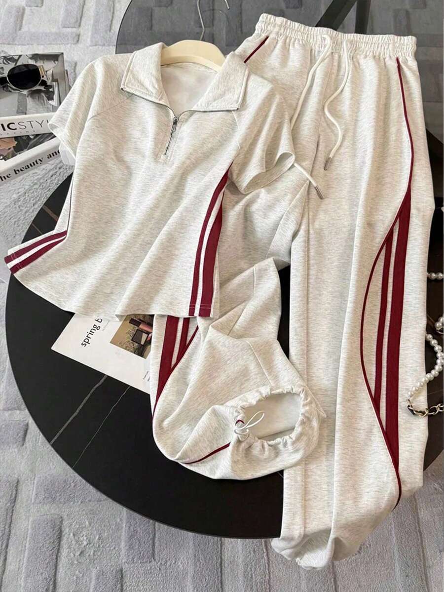 Resyla 修身立领插肩短袖上衣 + 休闲长裤 - 淺灰色 - 查看 1