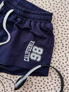 SHEIN 少女款藏蓝色针织抽绳休闲短款上衣，饰有刺绣数字图案 - 寶藍色 - 查看 4