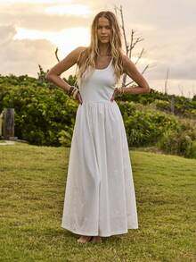 Aralina Women's Scooped Neck Ribbed Halter Neck And Poplin Maxi Dress Summer Dress Beach Dress Casual Long Dresses For Women Everyday Dress - White - View 7