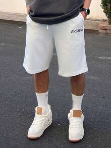 DAZY 男士字母印花白色弹力腰短裤，夏季 - 白色 - 查看 3