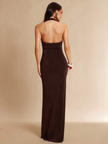 Silquee 女士纯色露背吊带收腰优雅长款派对连衣裙 - 棕色 - 查看 2