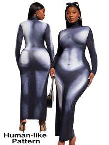 SHEIN SXY 大码时尚性感印花高领修身长裙 - 彩色 - 查看 1