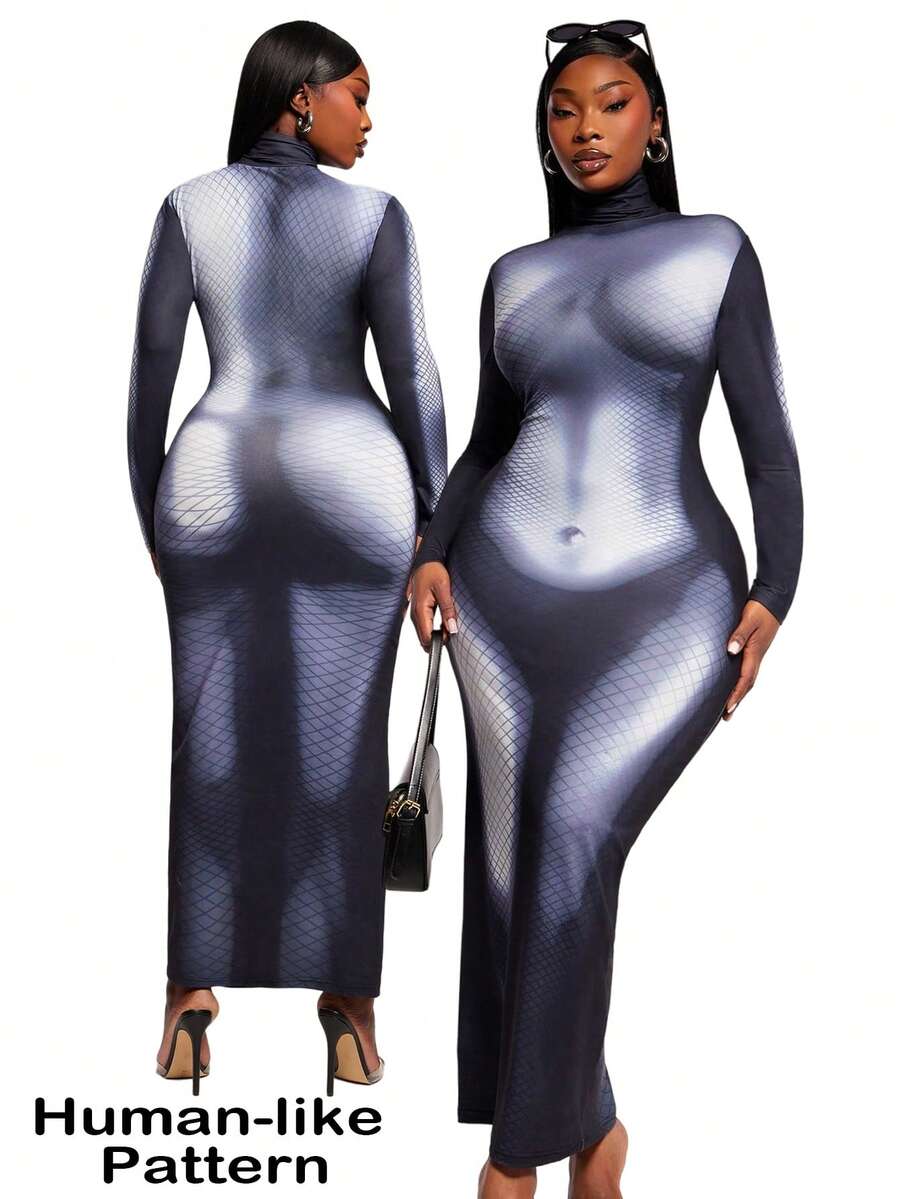 SHEIN SXY 大码时尚性感印花高领修身长裙 - 彩色 - 查看 1