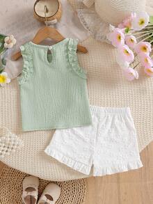 SHEIN Vintaside Kids Baby Girls' Cute Jacquard Vest And Jacquard Shorts Set, Spring/Summer - Green - View 2