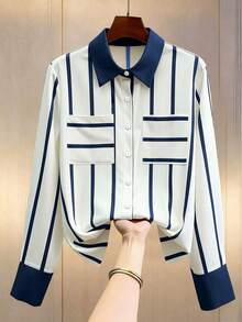 SHEIN قميص نسائي، طوق منقلب، أكمام طويلة، أمامي بأزرار، تصميم تلوين على الطوق والأساور والجسم والأكمام، قصة فضفاضة عادية، طراز أزياء للارتداء اليومي - أزرق بحري - مشاهدة 3