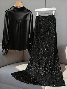 Franclia 大码女士优雅缎面V领长袖衬衫和亮片修身长裙两件套，适合休闲、通勤、度假、下午茶、圣诞派对等场合。 - 黑色 - 查看 2