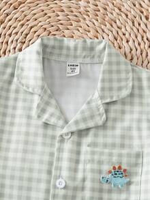 Young BoyGreen Patch Pocket Dinosaur Print Lapel Short Sleeve Pajama Set - Army Green - View 7