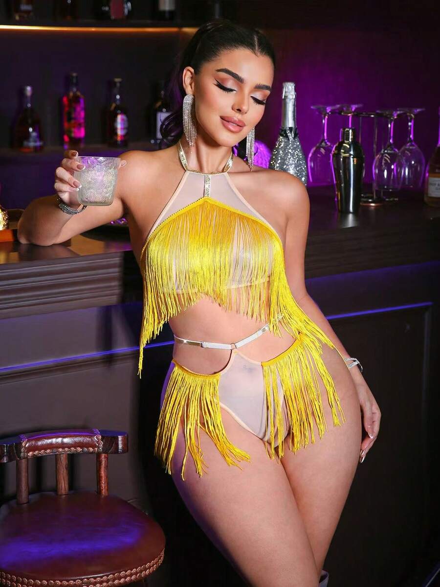 两件套性感派对内衣套装 - 金色 - 查看 1