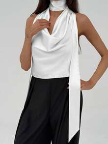 Aloruh 女士杏色优雅女神伴娘婚礼派对约会浪漫度假飘逸露背吊带性感上衣，夏季 - 白色 - 查看 3