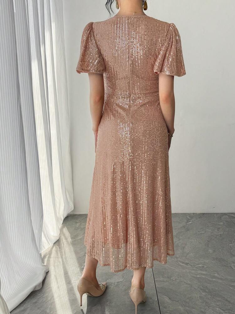 Women's Elegant Sequin Decor Round Neck Ruffle Sleeve Mid-Length Dress, Summer Wedding Guest Dress Sparkly Dress Sundress