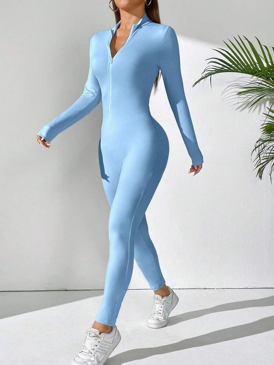 SHEIN PETITE 女款素色長袖拉鍊立領連身褲,適合嬌小女性 - 淺藍色 - 查看 1