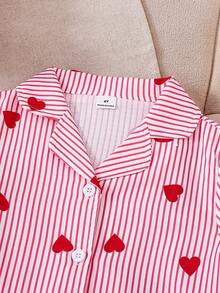Conjunto de 2 piezas con cárdigan de manga corta con estampado de fresa y cuello con volantes para niñas pequeñas, conjunto de pijama a rayas con corazones para niñas, conjunto de ropa de estar en casa holgado con dobladillo con volantes y bloques de color para niñas, conjunto de 2 piezas con estampado de corazón dulce para niñas - Rosa - Ver 3