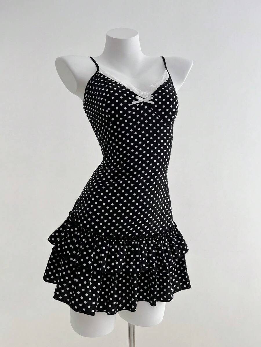 SHEIN Tall 女士波点蕾丝边吊带连衣裙 - 黑色 - 查看 1