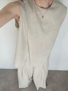 FRIFUL 女士圆领不对称下摆交叉上衣和阔腿纯色长裤两件套 - 米色 - 查看 8