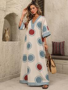 Breezaya Women's Elegant Retro Print V-Neck Loose Drop Shoulder Mid-Sleeve Dress - Multicolor - View 7