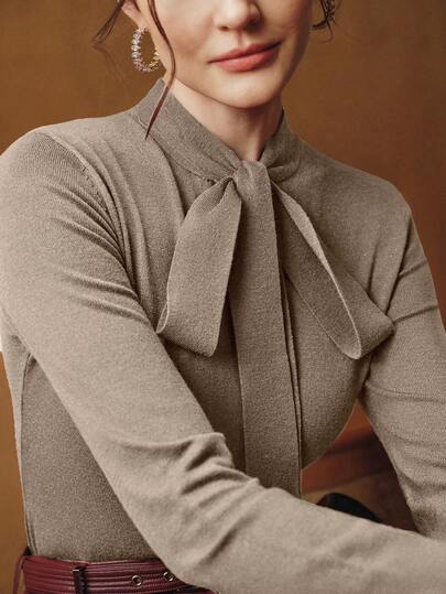 Anewsta Women's Elegant Party Dress Outfit, Red Sweater Top With Bow Tie Long Sleeve, Suitable For Christmas, Thanksgiving, High-End Feel