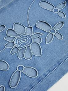 GlowEve 女士休闲水洗镂空花卉刺绣阔腿牛仔裤 - 藍色 - 查看 7