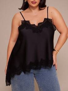 SHEIN BAE Plus Size Women Lace Satin Blouse, Suitable For Dates And Parties,Women's Sexy Satin Solid Color Contrast Lace Asymmetric Hem Cami Black Top,Sexy Top,Halloween Costume,Party,,Vacation Dress,Elegant Top,Sexy Dress,Top For Ladies,Formal Top Plus Size,Curves Women Clothing,Wedding Guest Top ,Summer,Elegant Top For Party,Graduation ,Vacation,Birthday Party Top,Valentine's Day,Valentine Outfits For Women - Black - View 6