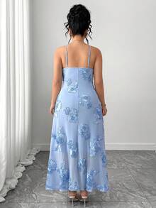 Elenzga 大码女士优雅刺绣网纱吊带裙 - 藍色 - 查看 2