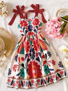 Tween Girls Elegant Pink Dress, Rose Flower Print Spaghetti Strap Ruffle Hem Bow Shoulder A-Line Dress, Suitable For Vacation, School, Outings, Spring/Summer - Multicolor - View 1