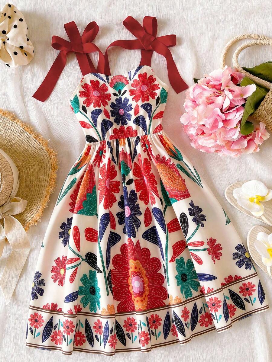 Tween Girls Elegant Pink Dress, Rose Flower Print Spaghetti Strap Ruffle Hem Bow Shoulder A-Line Dress, Suitable For Vacation, School, Outings, Spring/Summer - Multicolor - View 1