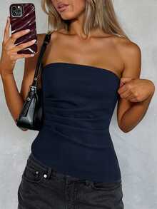 SHEIN Essnce Women's Simple Elegant Ruched Waist Tube Top, Suitable For Summer Navy Tube Top Tube Tops Women Strapless Top Women Tube Top Navy Top - Navy Blue - View 5