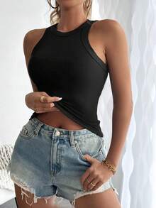 Musculosa De Cuello Redondo Y Ajuste Ajustado unicolor - Negro - Ver 7