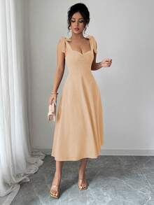 Vestido de mujer elegante y romántico con tirantes finos sin mangas, cintura ceñida con lazo y falda evasé, para Halloween, festival de música, fiesta y uso casual en otoño - Albaricoque - Ver 3