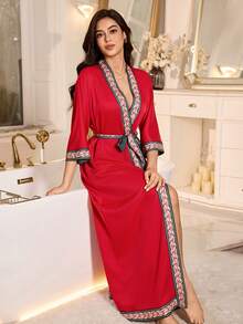 SHEIN Contrast Color Print Patchwork Collar 3/4 Sleeve Sexy Long Women Robe - Red - View 1