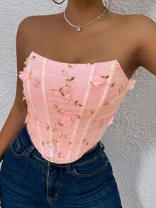 Glamine Women's Embroidered Fishbone Tight-Fitting Fashionable Bandeau Sleeveless Top - Pink - View 4