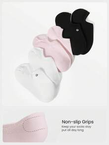 GLOWMODE 3 Pairs Invisible No-Show Socks Walk A Mile Soft Grip Daily Studio Workout Gym - White+Pink+Black - View 2