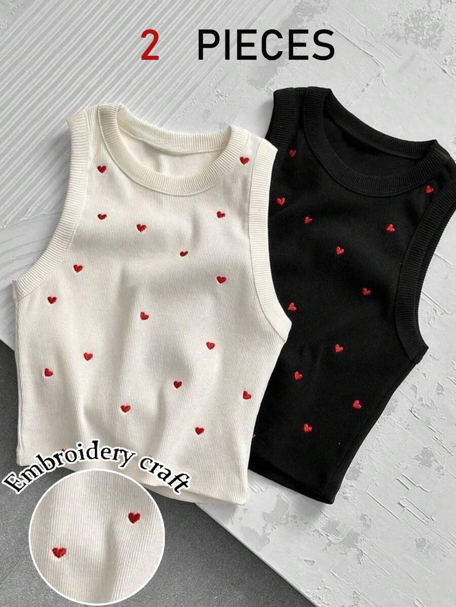 Resyla Women's Heart Embroidery Crew Neck Sleeveless Casual Knit Top - Multicolor - View 1