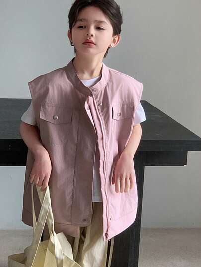 DAZY Tween Boy's Casual Solid Color Sleeveless Wide Shoulder Jacket, Spring/Summer