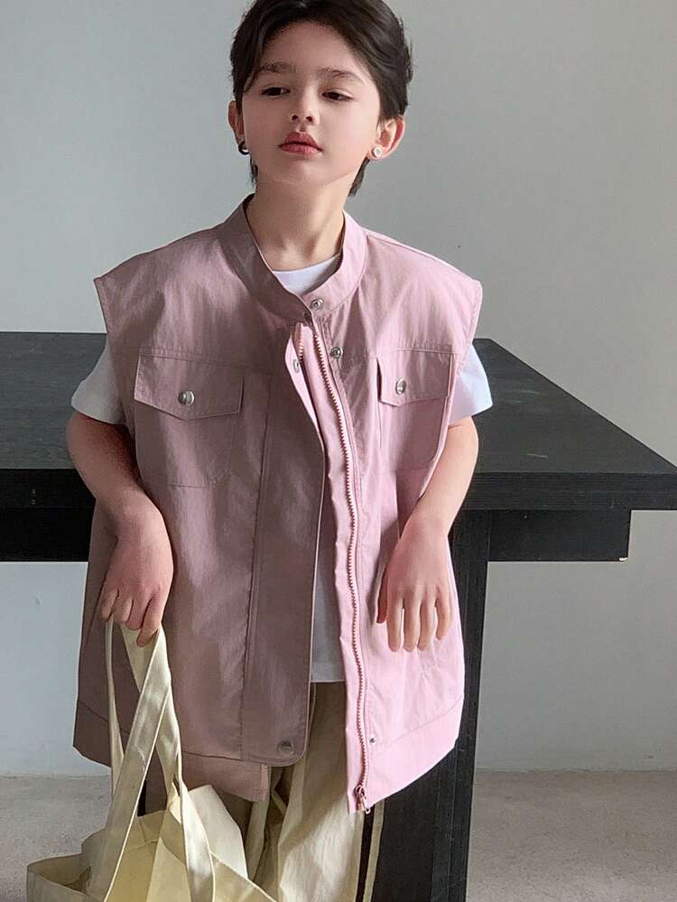 DAZY Tween Pojk Casual Enfärgad Ärmlös Jacka Med Vida Axlar, Vår/Sommar - Rosa - Visa 1