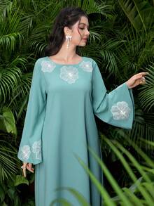 SHEIN Najma 女士休闲优雅宽松花卉水钻装饰睡袍 - 藍色 - 查看 5