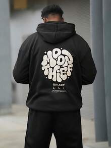 Heavens Edit 男士休闲时尚百搭日常通勤字母印花袋鼠口袋抽绳连帽衫，秋冬款 - 黑色 - 查看 3