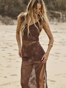 Aralina V领系带开衩长款连衣裙及针织吊带背心套装 - 棕色 - 查看 5