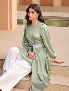 Graceveil Elegant Women's Beaded Asymmetrical Ruched Waist Long Sleeve Blouse, Slim Fit, High-End French Style - Green - View 10