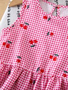 Young Girl Summer Casual Plaid Cherry Print Camisole And Shorts Set - Hot Pink - View 4