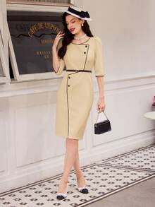 Vintamour 复古优雅女士撞色连衣裙，夏季白色，七分袖，直筒连衣裙，圆领设计，尽显古典韵味。这款连衣裙适合优雅的商务休闲场合，是女士工作服、白色连衣裙、优雅得体连衣裙、外出装、办公室礼服、教堂礼服等各种场合的理想之选。 - 卡其色 - 查看 3