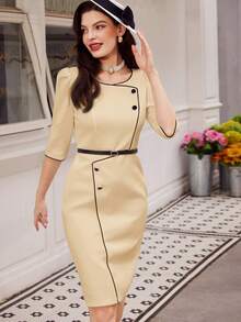 Vintamour 复古优雅女士撞色连衣裙，夏季白色，七分袖，直筒连衣裙，圆领设计，尽显古典韵味。这款连衣裙适合优雅的商务休闲场合，是女士工作服、白色连衣裙、优雅得体连衣裙、外出装、办公室礼服、教堂礼服等各种场合的理想之选。 - 卡其色 - 查看 4