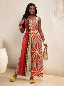 BamGleam Women's Red Orange Plant Print Wide Leg Casual Jumpsuit,Boho Summer Vacation Outfits,Holiday Spring Break Clothing,Beach Outfits For Women - Multicolor - View 5