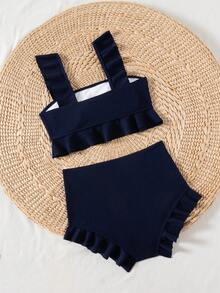 Swim Vcay 方领荷叶边比基尼套装，露脐上衣和短裤 - 寶藍色 - 查看 5