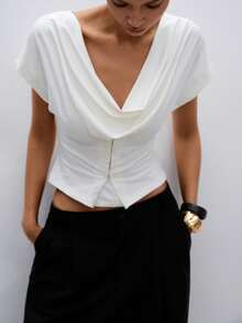 ATUI Studio Áo kiểu nữ thanh lịch, màu trơn, cổ xếp ly, cài cúc, dáng ôm, thích hợp cho mùa hè. - trắng - Xem 2