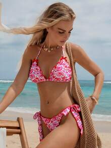 Swim Mod Bộ 2 món, họa tiết đại dương ngẫu nhiên, áo ngực tam giác viền bèo nhún và quần bơi buộc dây bên hông, bộ bikini gợi cảm cho kỳ nghỉ xuân/hè, bộ bikini đi biển hai mảnh, bộ bikini buộc dây, bộ bikini bèo nhún, bộ bikini màu hồng rực rỡ, bộ đồ bơi kiểu miền Tây cho nữ, bikini kiểu miền Tây, bikini hoa, bikini đầu lâu - Nhiều màu - Xem 8
