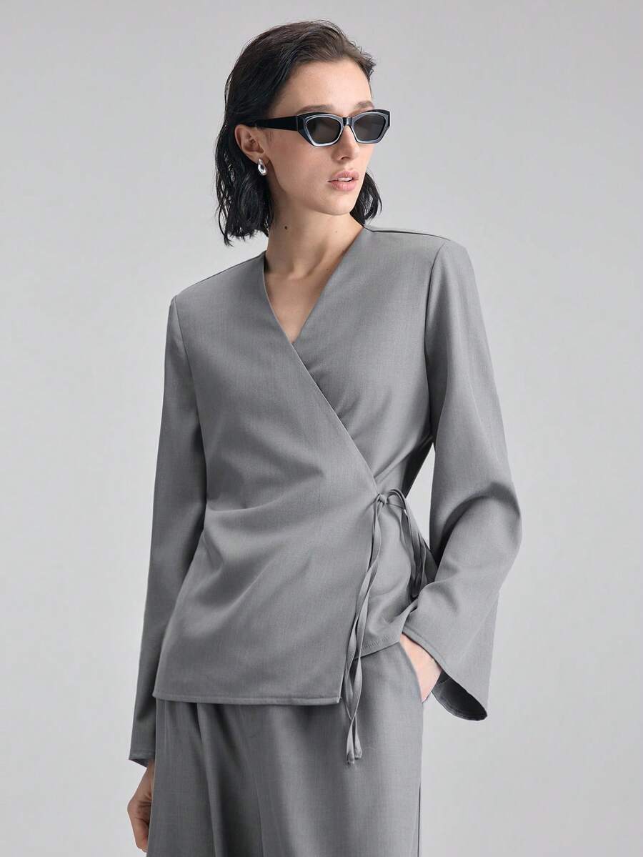 Ontre 2026 Spring/Summer New Casual/Work Solid Color Tie-Wrap Design Blazer - Grey - View 1
