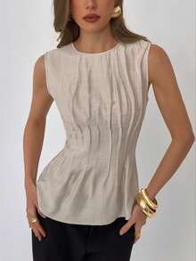 Aloruh 女士优雅通勤圆领收腰褶皱无袖衬衫 - 卡其色 - 查看 5